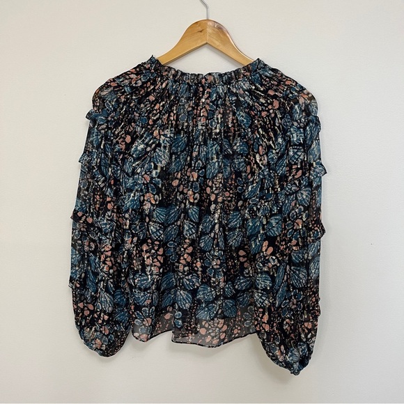 Ulla Johnson Isadora Sill Lurex Indigo Blue Sheer Floral Ruffle Blouse Size 0 - Picture 6 of 6